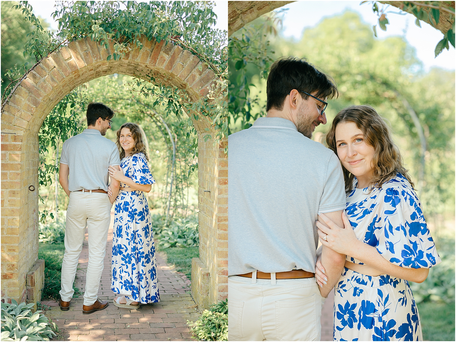 Sam and Kalyn posing beneath a brick garden archway during their engagement session at Ladew Topiary Gardens in Monkton, Maryland