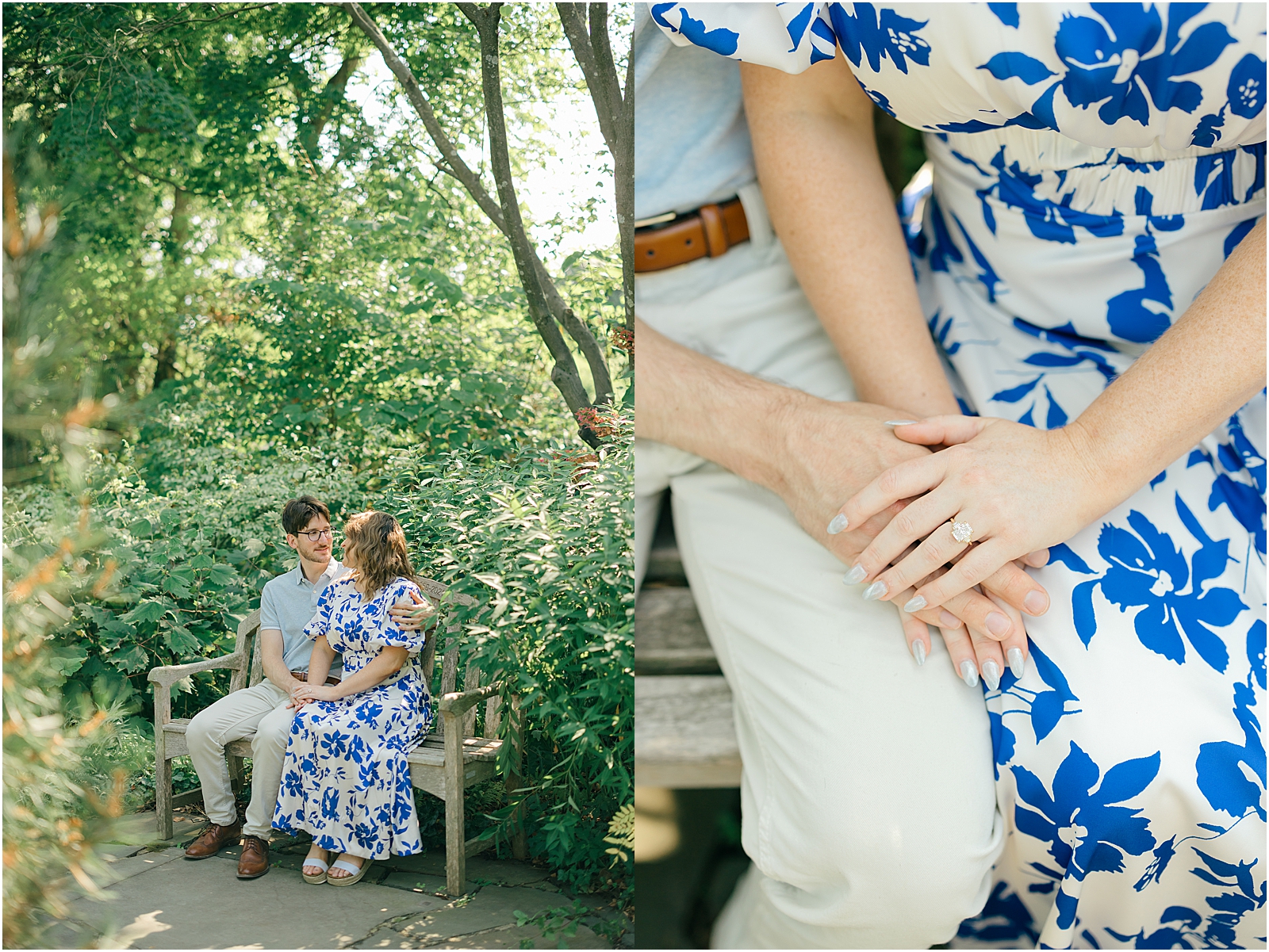 Sam and Kalyn sitting together on a garden bench beside a close-up of Kalyn’s engagement ring