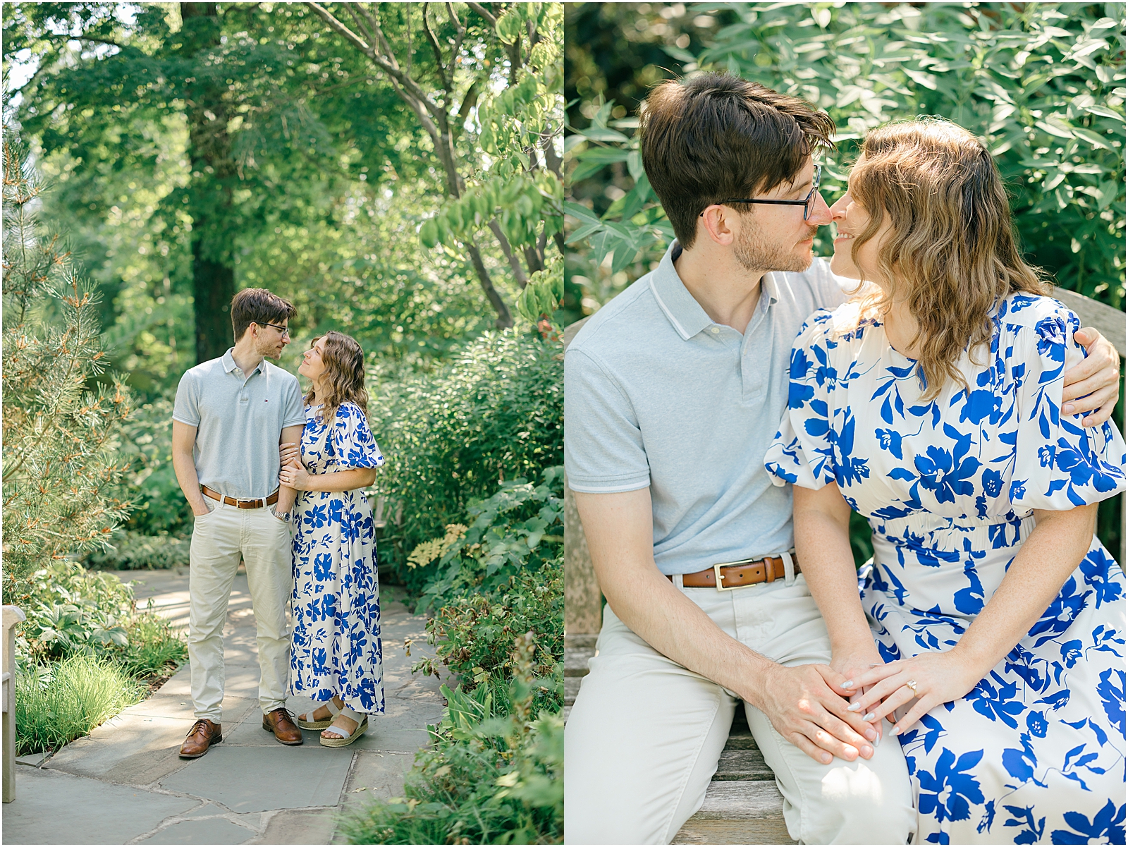 Sam and Kalyn walking hand in hand through Ladew Topiary Gardens and smiling together during their engagement photos.