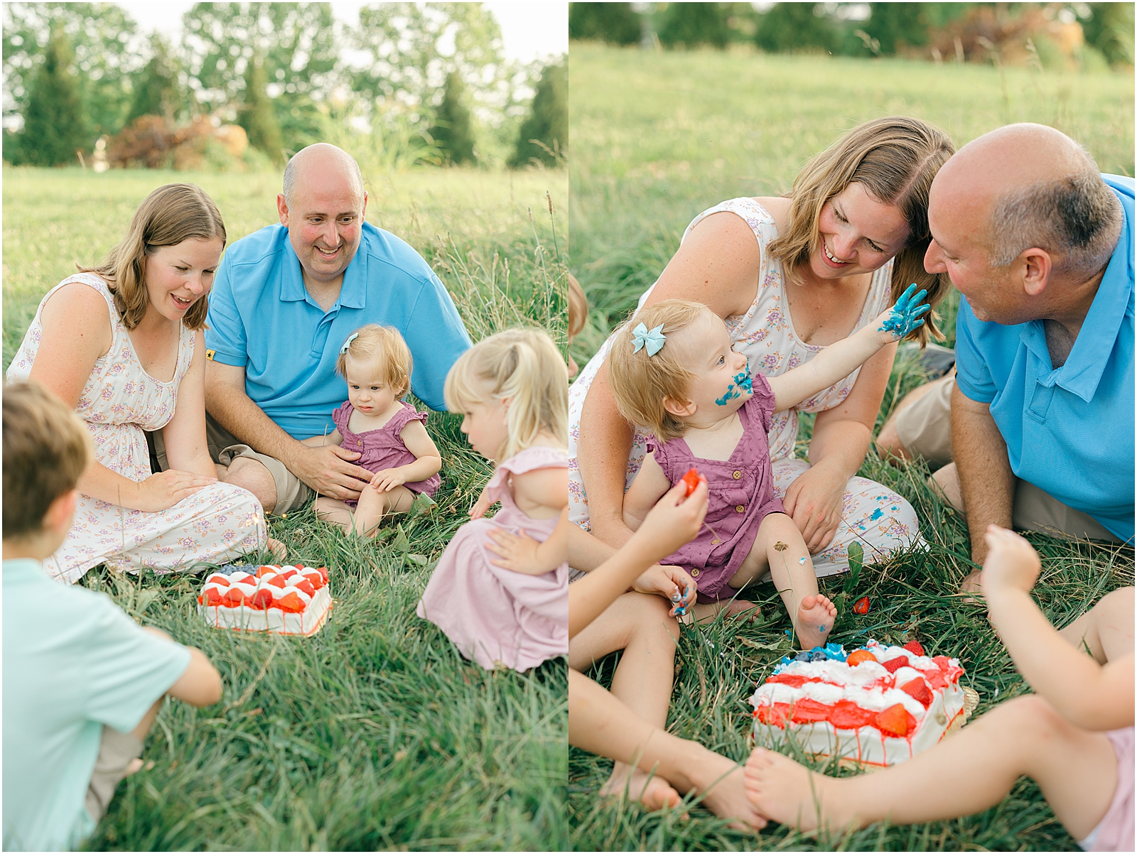 family shares patriotic cake together for one year olds first birthday at home in frederick maryland
