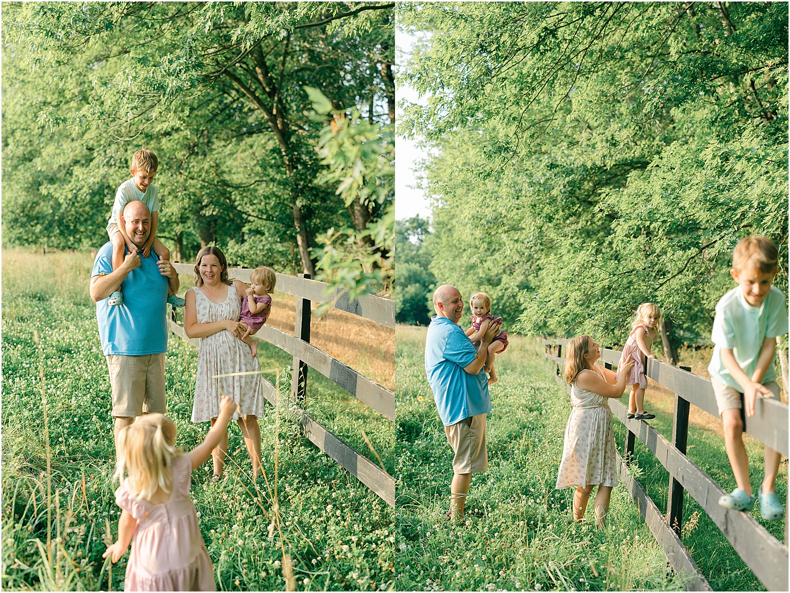 parents helping kids climb fence during documentary family session in frederick marylamd