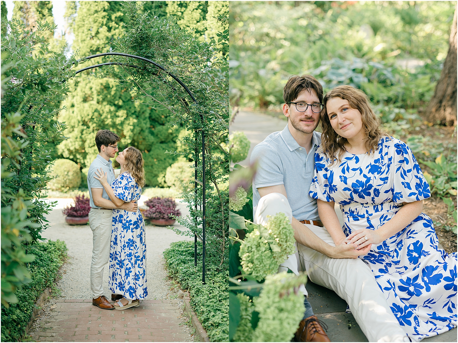 Sam and Kalyn sitting among blooming hydrangeas during their Ladew Topiary Gardens engagement session