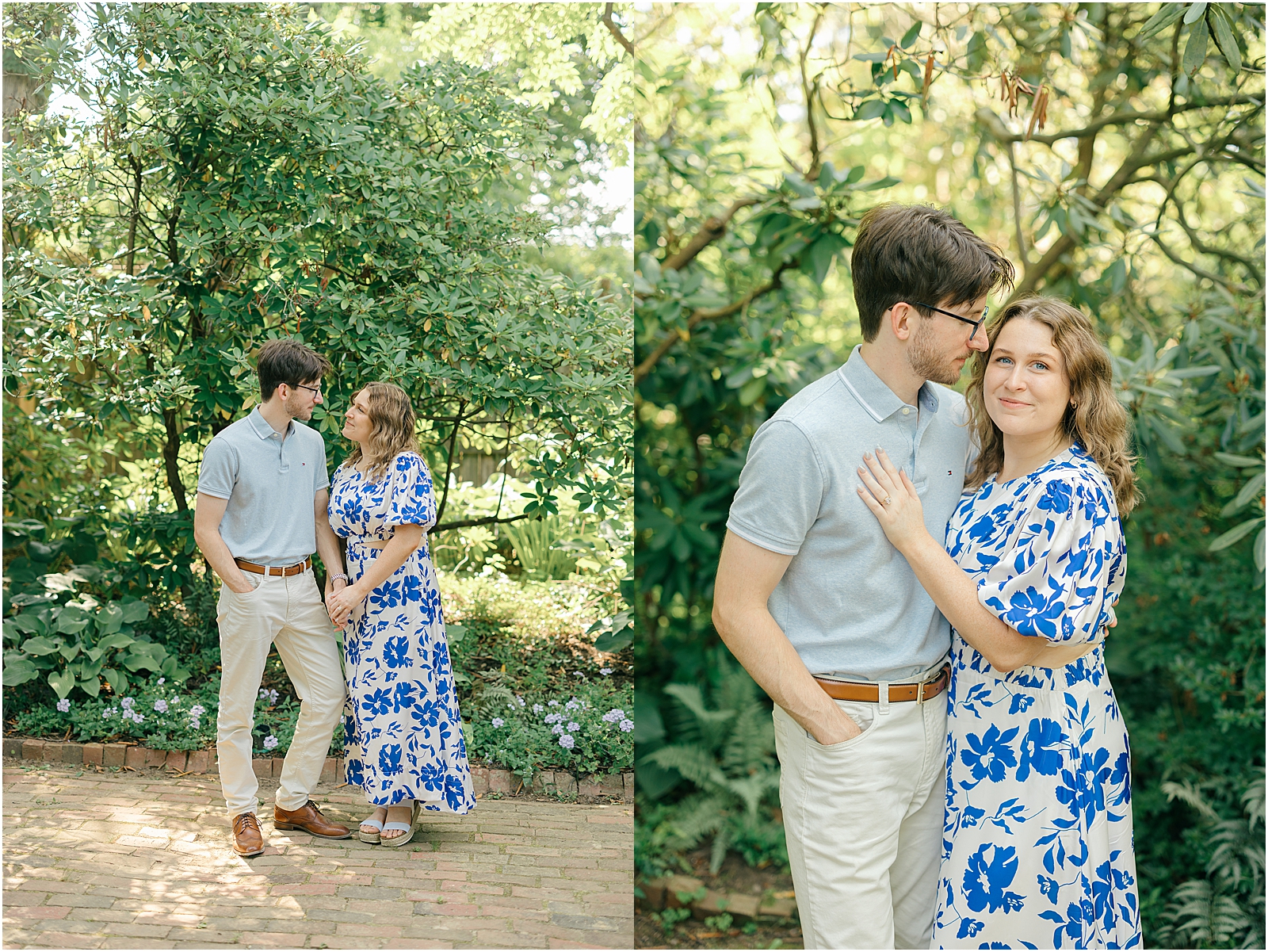 Sam and Kalyn posing together in a shaded garden surrounded by flowers at Ladew Topiary Gardens