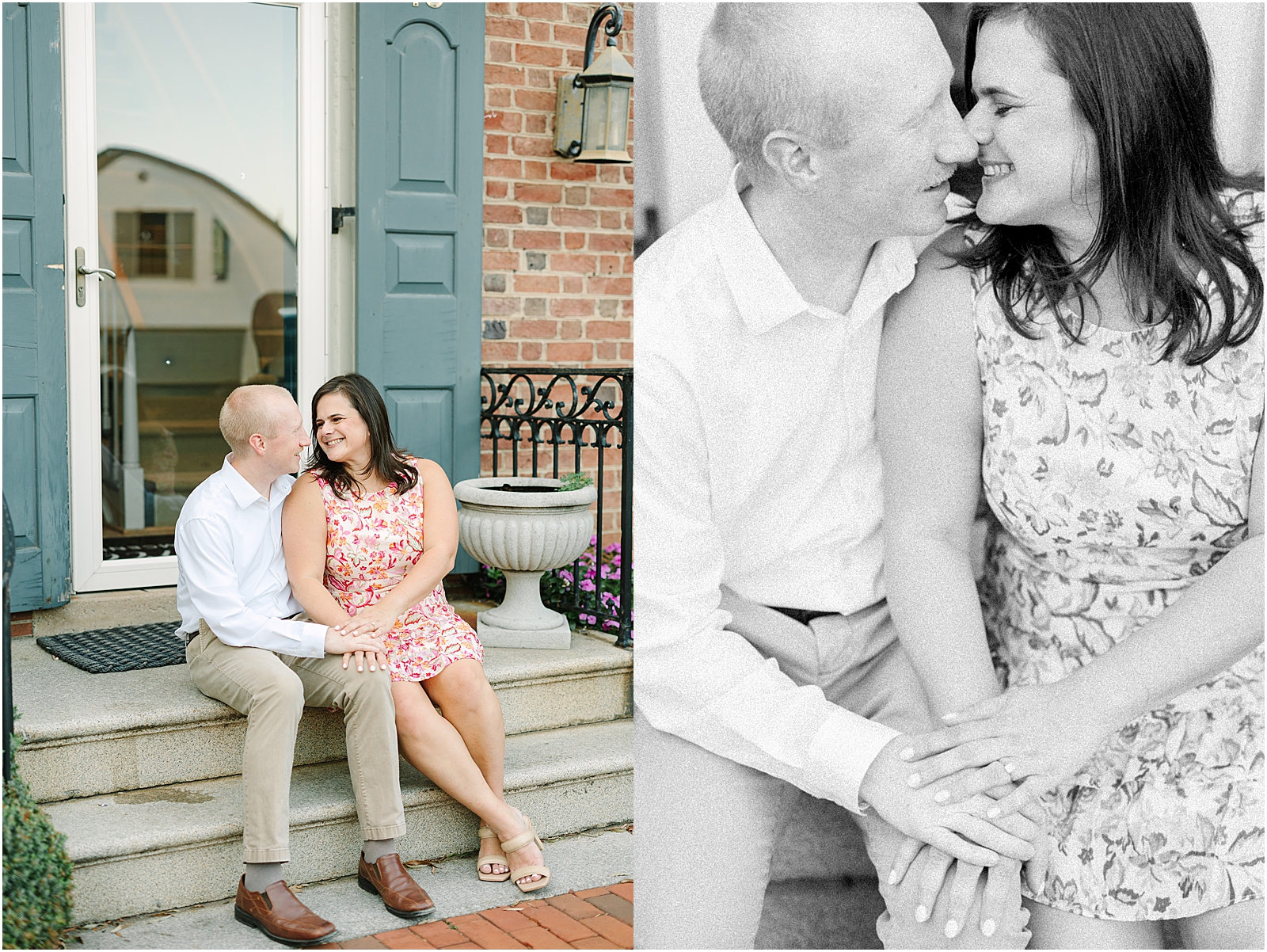 engaged couple sitting together on stoop in historic downtown middleburg.