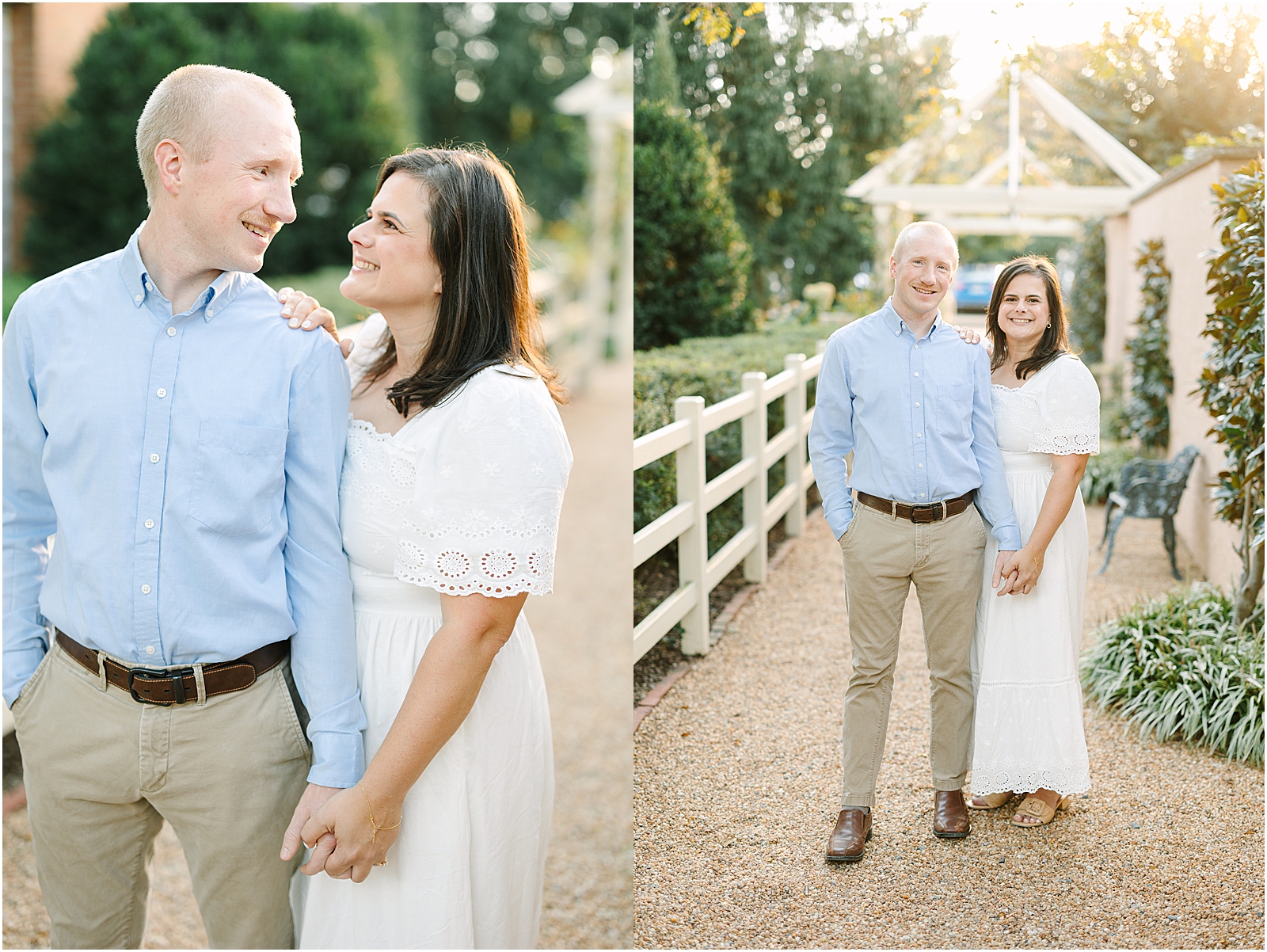 Engaged couple holding hands smiling on gravel path at Red Fox Inn in Middleburg, virginia.