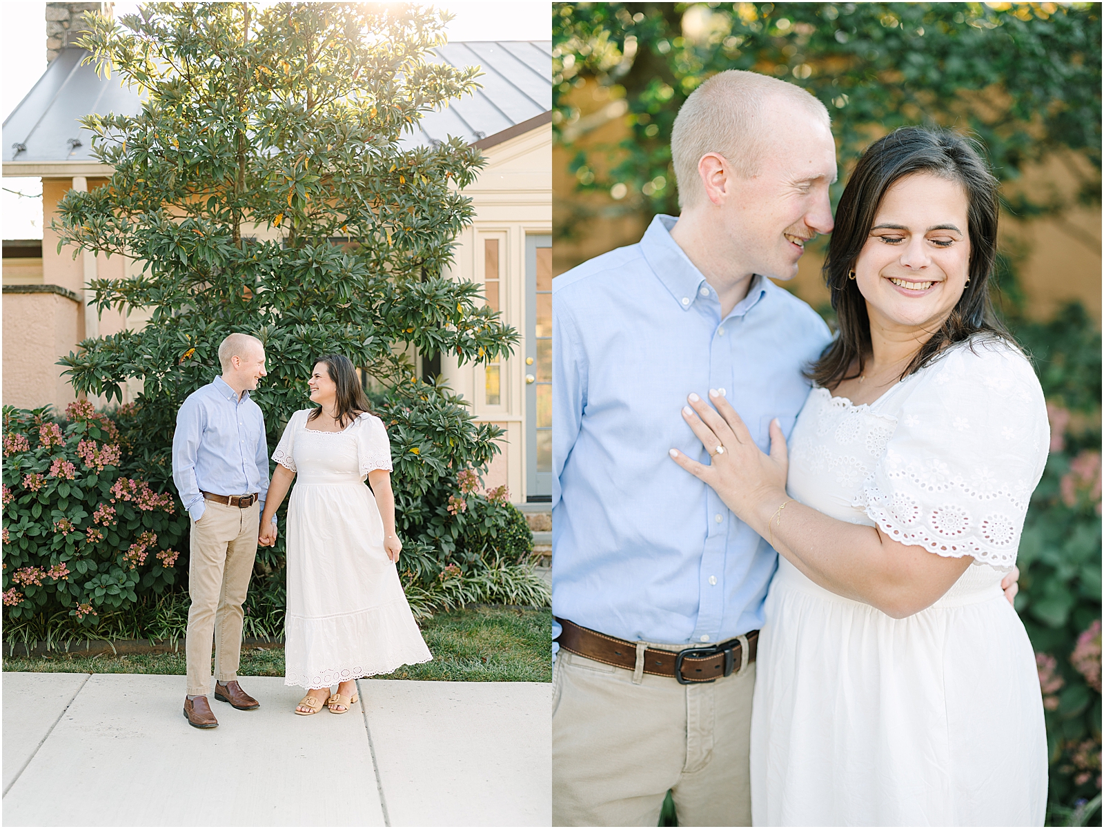 couple holding hands. on sidewalk in downtown middleburg for engagement pictures.