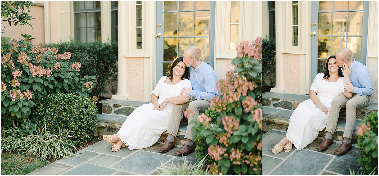 bride in white engagement dress sitting with fiance on stoop.